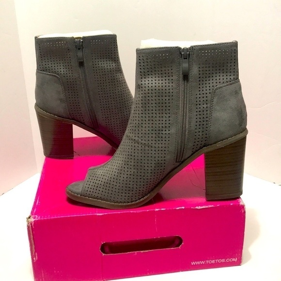 𝅺Grey Faux Suede Peep Toe Booties - Picture 2 of 9